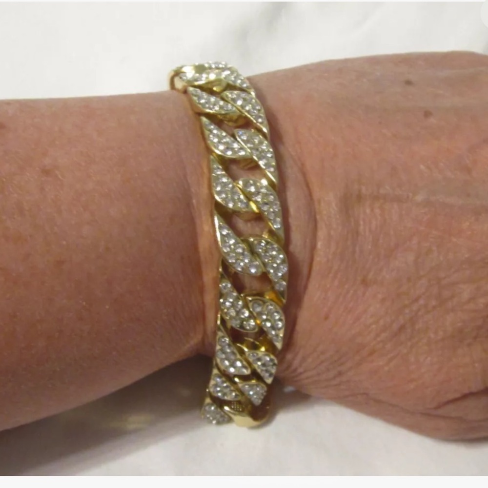 Chunky, Gold Tone With Rhinestones Cuban Chain Link Bracelet, EUC